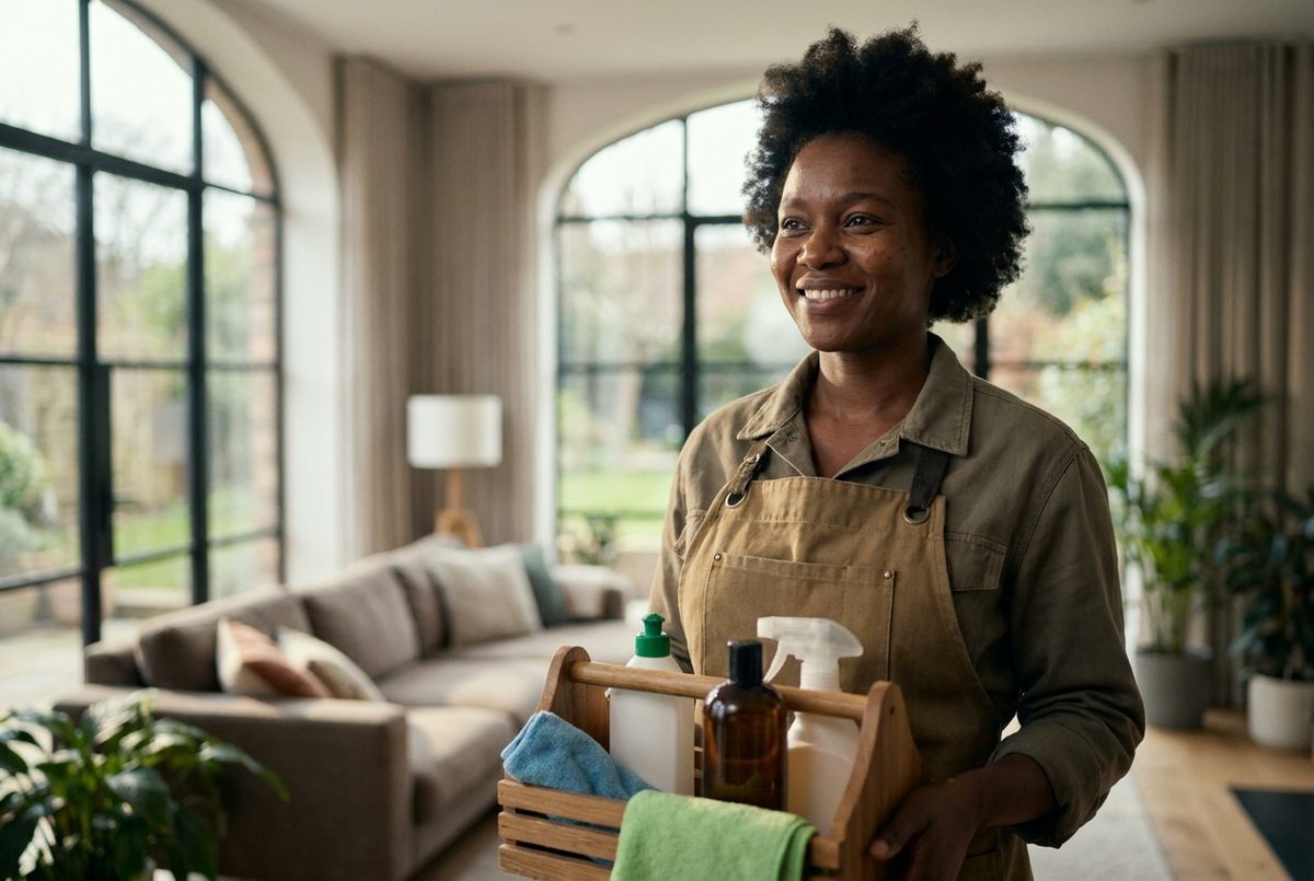 Professional cleaner in a bright Jamaican home